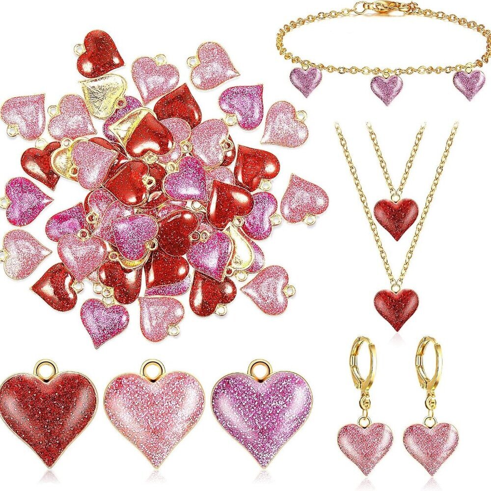60 Pieces Heart Charms for Jewelry Making Alloy Glitter Mini Heart Pendants for